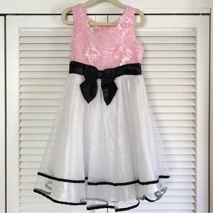 Pink and White Floral Kids Dress with Black Bow